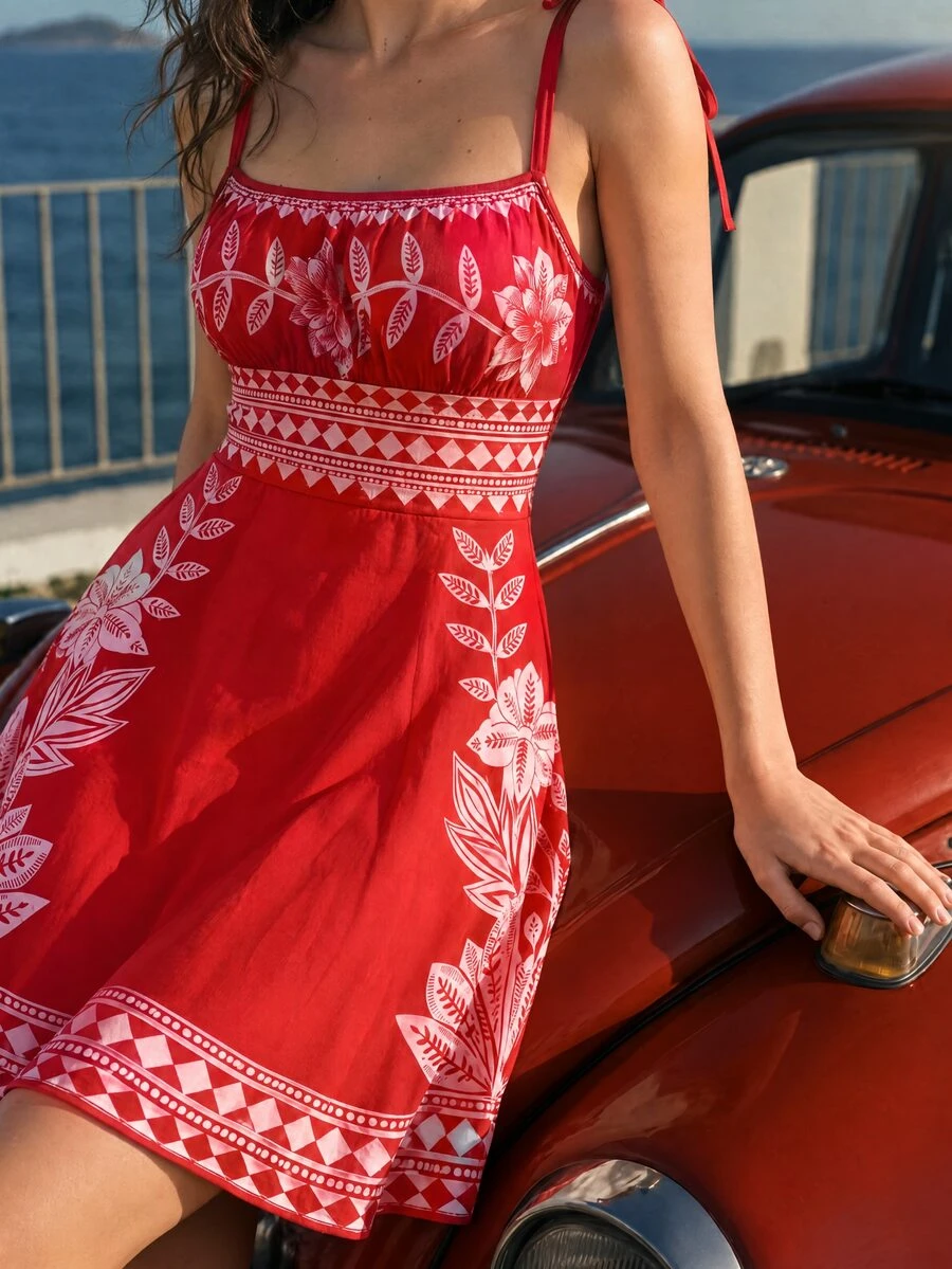 CAJUNI Women's Floral Print Casual Daily Summer Mini Camisole Dress - Red - View 1