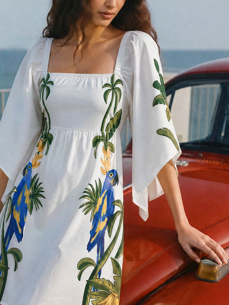 CAJUNI Short-Sleeve Dress With Tropical Macaw And Toucan Print - Multicolor - View 1