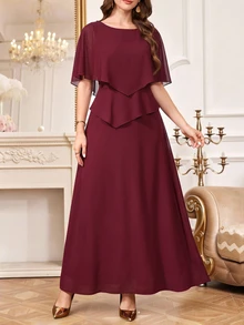 Amorya Women's Elegant Solid Color Round Neck Pullover Cape Sleeve Long Dress - Burgundy - View 5