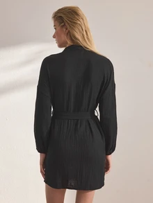 Ocili Leisure Pure Cotton Double Layer Crepe Fabric Minimalist Comfortable Neutral Soft Long Sleeve Robe Pajamas Women's Loungewear - Black - View 3