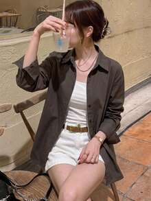 DAZY 女款純色休閒百搭日常穿著長袖襯衫 - 咖啡棕 - 查看 6