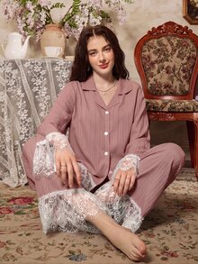 Côtesoire Set Piyama Wanita Motif Renda Patchwork Romantis Elegan Prancis - Plum Brown - View 3
