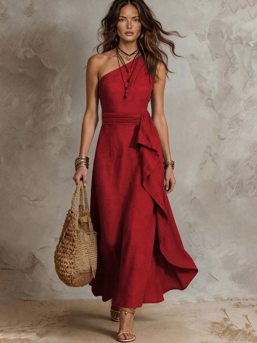 Solivie Women's Solid Color One Shoulder Sleeveless Patchwork Ruffle Hem Fashion Long Dress - Red - View 1