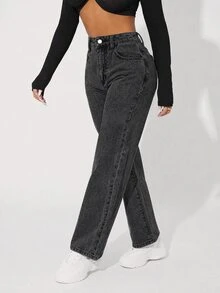 SHEIN PETITE 秋季萬聖節休閒直筒刺繡黑色牛仔褲，水洗日常穿著女款牛仔褲 - 黑色 - 查看 1