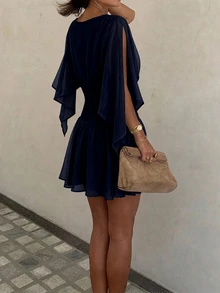 Siren Gaze 夏秋女款深V領百褶休閒日常穿著荷葉邊收腰洋裝 西式復古優雅休閒正式外出婚禮畢業海灘 - 藏蓝色 - 查看 2