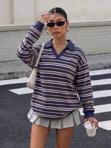 Muchica 女款 Polo 領長袖寬鬆休閒衛衣，厚實面料，適合秋冬穿著 - 彩色 - 查看 4