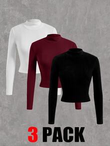 SHEIN EZwear 3件組家庭套裝純色半高領長袖T恤 - 彩色 - 查看 6