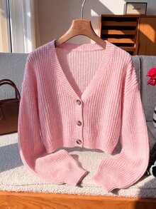 SHEIN EZwear 純色鈕扣前開襟羅紋針織開襟衫，長袖上衣，秋冬針織毛衣 - 淺粉色 - 查看 1