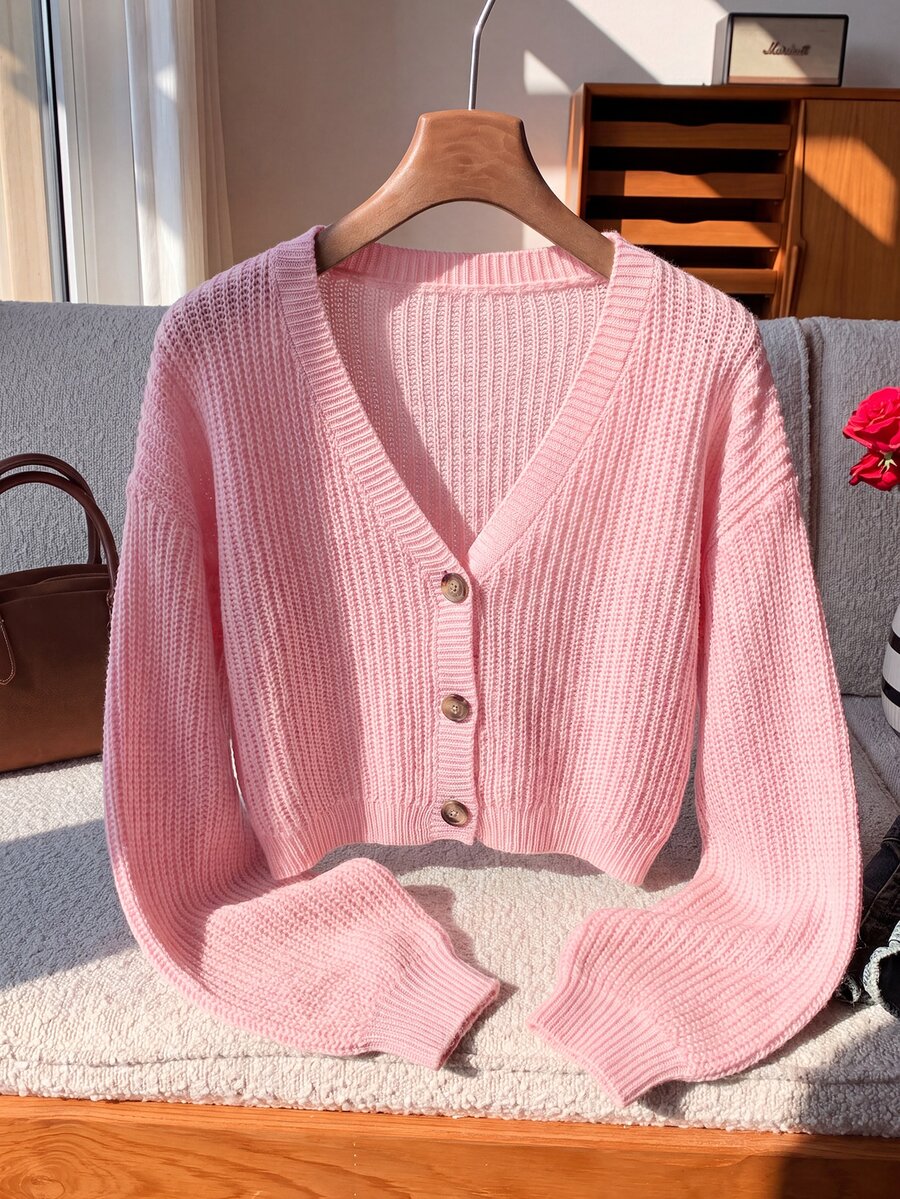 SHEIN EZwear 純色鈕扣前開襟羅紋針織開襟衫,長袖上衣,秋冬針織毛衣 - 淺粉色 - 查看 1