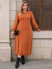Lacomfia Plus Size Women's Cable Knit Crew Neck Long Sleeve Casual Knit Dress - Bronze - View 3