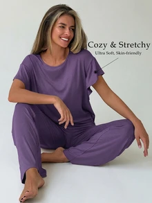 DAZY 2件組極簡純色短袖T恤與直筒長款睡褲女款居家休閒套裝 - 紫色 - 查看 3