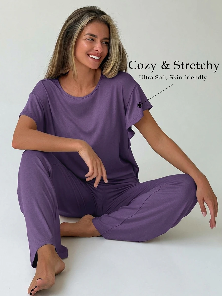 DAZY 2pcs Minimalist Solid Color Short Sleeve T-Shirt & Straight Leg Long Pajama Pants Women's Loungewear Set - Purple - View 1