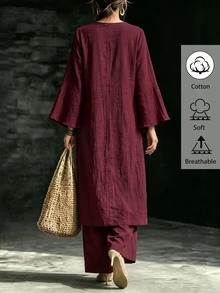 SHEIN LUNE CURVE New Middle East Plus Size Casual Women's Long Top With Frog Button Decoration And Straight Leg Pants 2 Pieces Set Fall - Burgundy - View 2