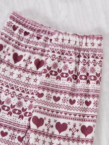SHEIN Playful Pals 聖誕秋冬保暖內裡加厚幼兒女童可愛熊刺繡深粉色上衣與紫色印花長褲毛絨睡衣套裝 - 紫色 - 查看 3