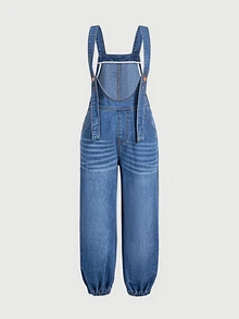 LUMIGAL Plus Size Vacation Button Denim Overalls For Daily Wear - Blue - View 3