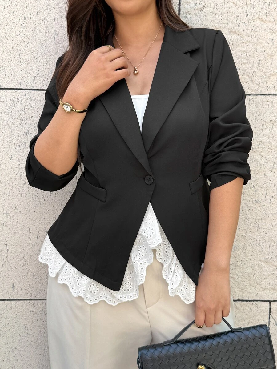 Easura Plus Size Vintage French Lace Patchwork Button Blazer - Black - View 1