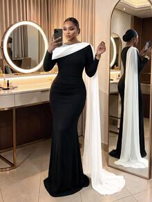 SHEIN Lady Plus Size Women's Colorblock Pleated Casual Party Dress - Black and White - View 4