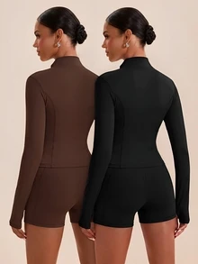 VARSIVA Women's 4-Piece Zipper Waist-Cinched Long Sleeve Top And Shorts Sports Set - Multicolor - View 2