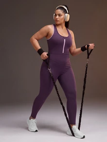 Powerista Jumpsuit Olahraga Tanpa Lengan dengan Resleting Depan dan Bagian Belakang Berongga untuk Wanita Ukuran Plus - Purple - View 2
