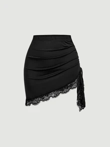 SHEIN MOD Plus Size Sexy Lace Patchwork Asymmetrical Hem Mini Skirt - Black - View 2