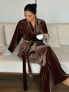 Dazy Plus Autumn Winter Elegant Velvet Long Pants 2-Piece Pajama Set - Brown - View 2