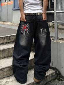 Manfinity EMRG 男士蜘蛛與哥德字母印花寬鬆寬腿牛仔褲，Y2K嘻哈街頭風丹寧長褲 - 黑色 - 查看 6