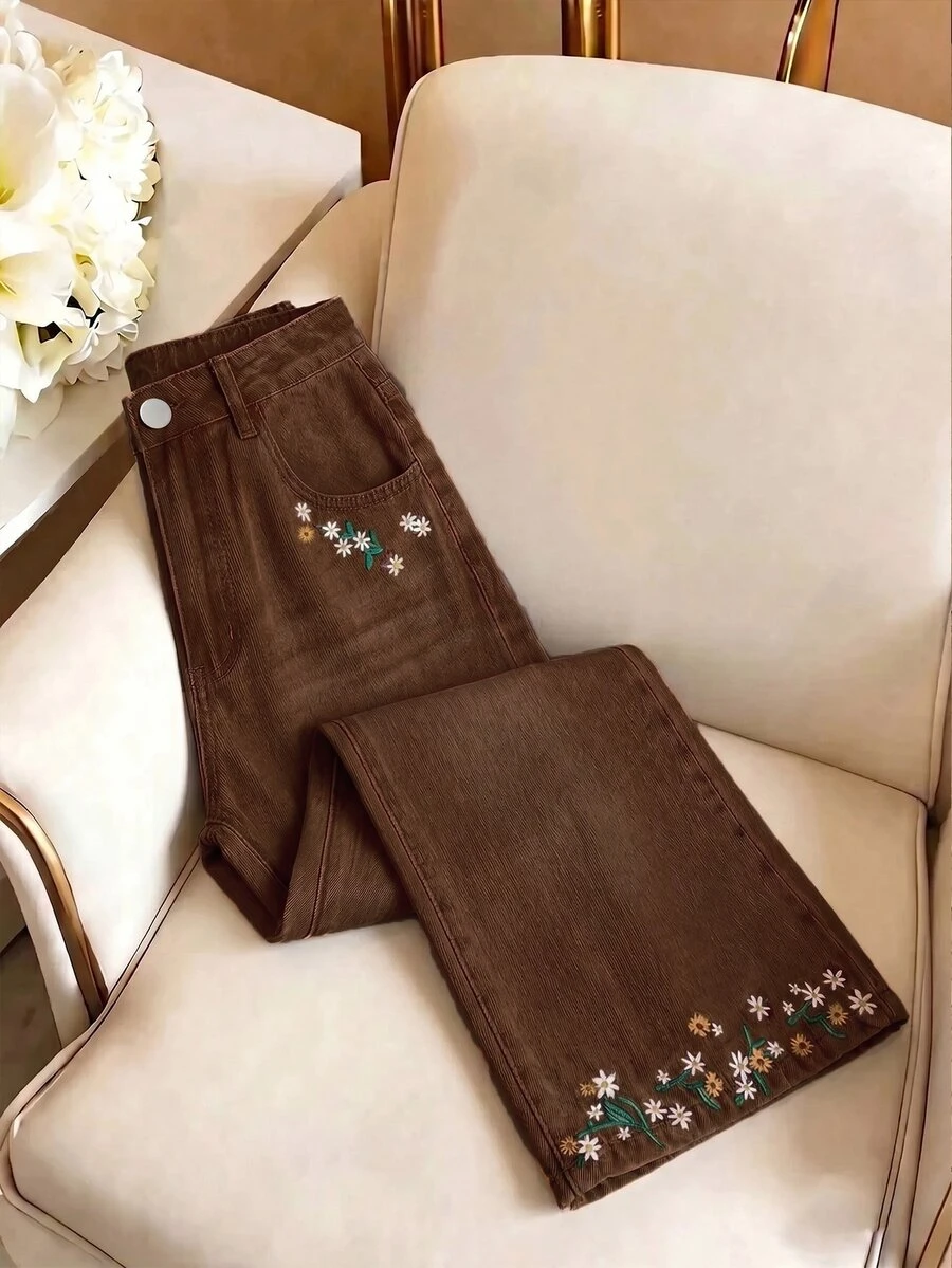 GlowEve 女款夏季花卉刺繡牛仔褲 - 棕色 - 查看 1