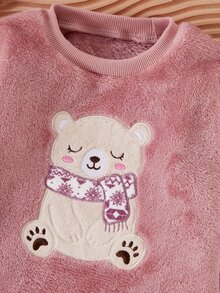 SHEIN Playful Pals 聖誕秋冬保暖內裡加厚幼兒女童可愛熊刺繡深粉色上衣與紫色印花長褲毛絨睡衣套裝 - 紫色 - 查看 7
