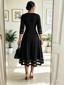 SHEIN Lady Women's Solid Color Round Neck Contrast Mesh 3/4 Sleeve Elegant Mid-Length Dress - White - View 2