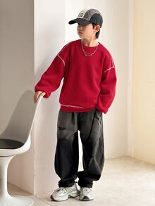 SHEIN Little Byeori 兒童青少年男孩休閒韓系寬鬆撞色圓領運動衫，適合學校、日常休閒穿著、運動，秋冬款 - 紅色 - 查看 5