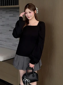 Bijouette Plus Size Women Solid Color Shawl Cardigan And Square Neck Long Sleeve Sweater Set - Black - View 6