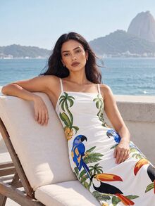 CAJUNI Elegant Sleeveless Straight-Cut Maxi Dress With Tropical Macaw And Toucan Print - Multicolor - View 4