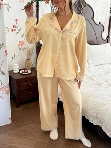 CottageSlumber Yellow Striped Women's Summer Sweet Lace Embroidery New Long Sleeve Long Pants Loungewear Set Plus Size - Yellow - View 4