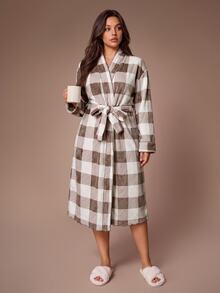 Lazeform Casual Plaid Print Long Sleeve Long Robe Plus Size - Multicolor - View 1