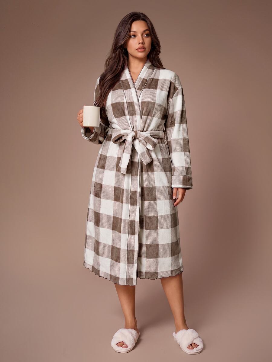 Lazeform Casual Plaid Print Long Sleeve Long Robe Plus Size - Multicolor - View 1