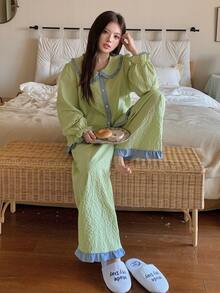 Dazy Plus Cute Plaid Peter Pan Collar Top & Pants 2-Piece Set Green Pajama Loungewear - Mint Green - View 6