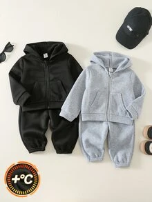 SHEIN 男嬰秋冬保暖內裡加厚黑色/灰色連帽衛衣套裝，適合外出與節日穿著，聖誕禮物 - 彩色 - 查看 5