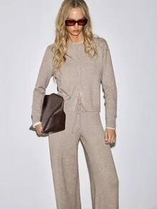 ATUI Studio Slouchy Mixed Yarn Knit Set Women Round Neck Button Cardigan Jacket High Waist Draped Wide Leg Pants 2pcs Set Autumn/Winter Home/Outdoor - Khaki - View 3