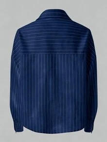 SHEIN 休閒百搭時尚女款長袖單排扣翻領鈕扣襯衫 條紋與隨機花卉圖案 - 藍色 - 查看 2