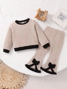 SHEIN Cute Girl Knitted Casual Colorblock Long Sleeve T-Shirt And Elastic Waist Flared Pants Set - Beige - View 5