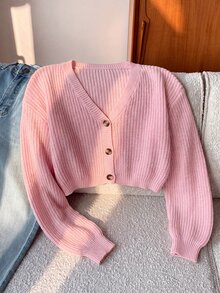 SHEIN EZwear 純色鈕扣前開襟羅紋針織開襟衫，長袖上衣，秋冬針織毛衣 - 淺粉色 - 查看 5