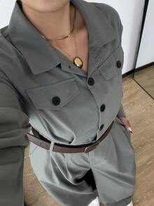 POPSWAY Jumpsuit utility casual nữ size lớn màu trơn tay dài cài nửa nút - Màu xanh bụi bặm - Xem 6