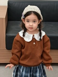 Dazy Kids Spädbarn (flicka) färgblockig långärmad sweatshirt i koreansk stil för vår/höst och vinter - Kaffebrun - Visa 6