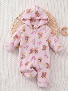 SHEIN 新生兒男嬰/女嬰可愛秋冬休閒白色毛絨卡通熊圖案連帽連身衣家居服 - 淺粉色 - 查看 7