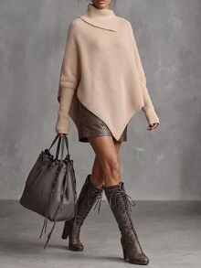SHEIN Women's Asymmetric Design Single-Sided Button Decor Cape Batwing Sleeve High Neck Long Sleeve Ribbed Knit Sweater, Fashionable And Elegant, Suitable For Daily Commute, Dating, Shopping - Khaki - View 6