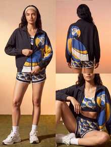 CAJUNI Oversized Sports Windbreaker Jacket– Tropical Blue Macaw Print - Black - View 2
