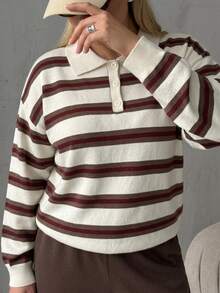 Dazy Plus Sweater Vintage Bergaris dengan Kerah Lipat Motif Patchwork Blok Warna untuk Musim Gugur - Coklat - View 4