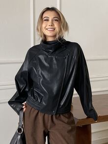 DAZY Women's Solid Color PU Leather Casual Versatile Daily Outerwear Winter - Black - View 7