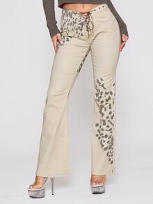 MUSERA Graphic Leopard Printed V Dipped Lace Up Waist Fitted Flare Low Rise Jeans Autumn Winter Fall Coolgirl Holiday Everyday Roadside Renegade - Apricot - View 2