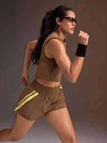Powerista Women's Side Stripe Elastic Waist Daily Fitness Sports Shorts - Brown - View 6